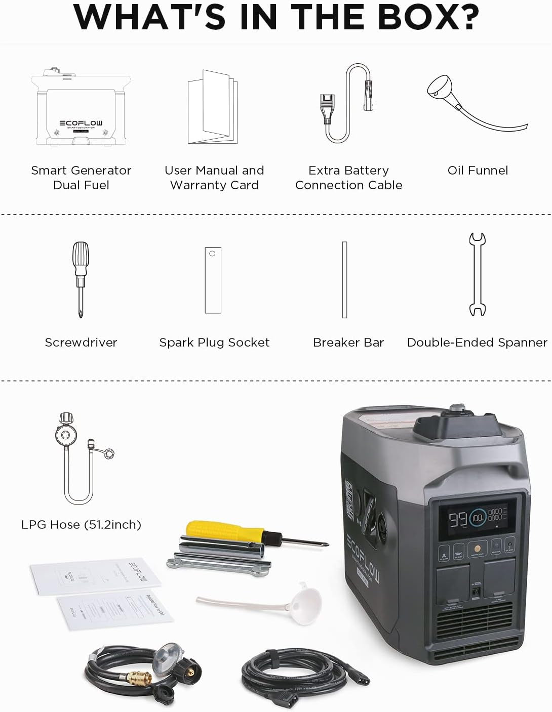 1800W Dual Fuel Smart Generator with Both LPG and Gas Powered Support, Smart Control, for Home Battery Backup, Emergency, Applicable for DELTA Pro/Delta Max/Delta 2/DELTA 2 Max
