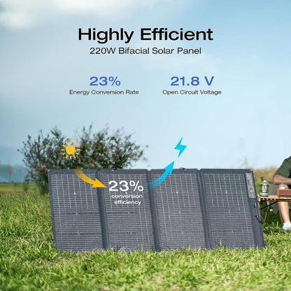 220Watt Bifacial Foldable Solar Panel, Complete with Adjustable Kickstand, Waterproof IP68 & Durable for off the Grid Living