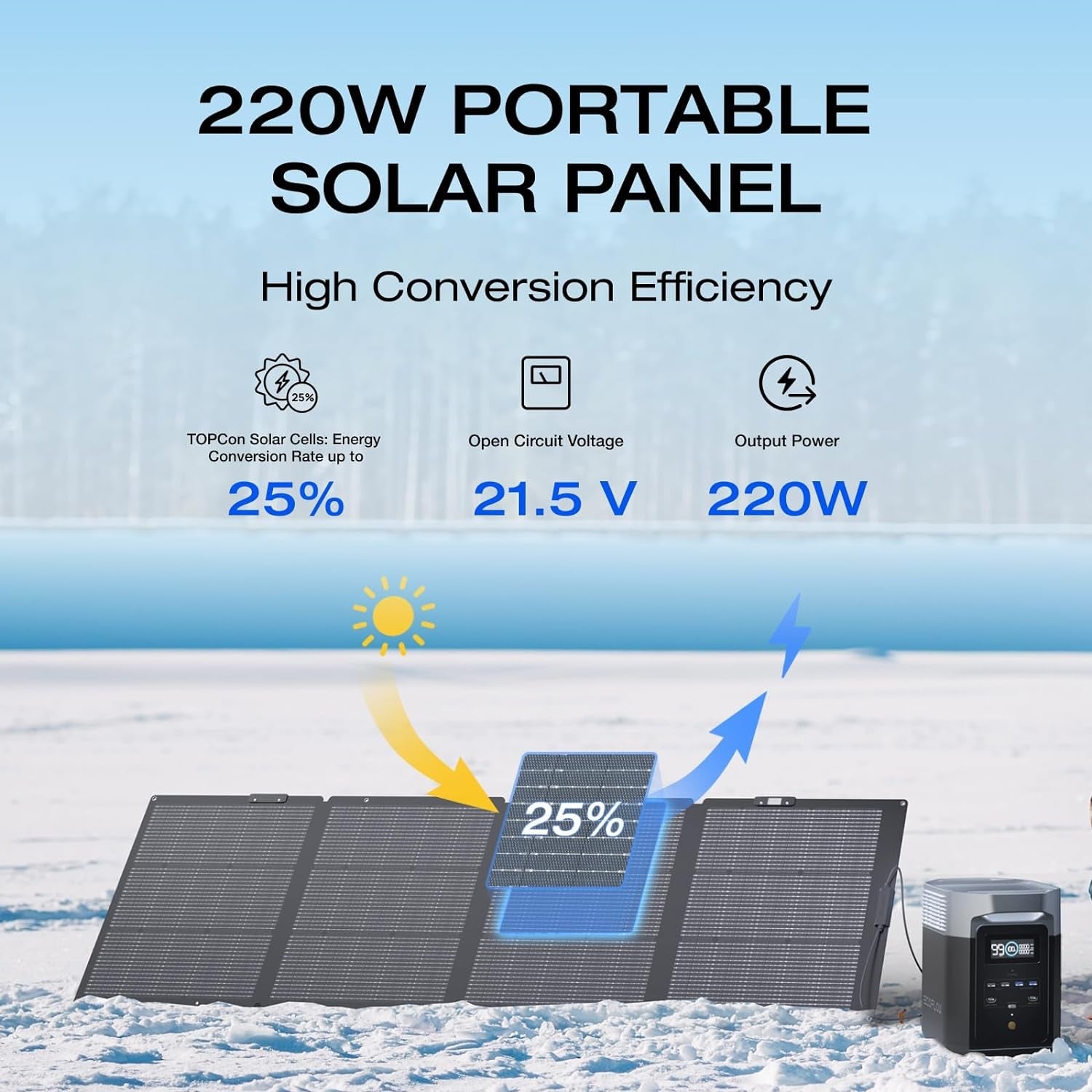 220 Watt Portable Solar Panel, 25% High Conversion Efficiency N-Type Solar Cell, Nextgen Foldable Solar Panel with Adjustable Kickstand, IP68 Waterproof for Camping RV off Grid System
