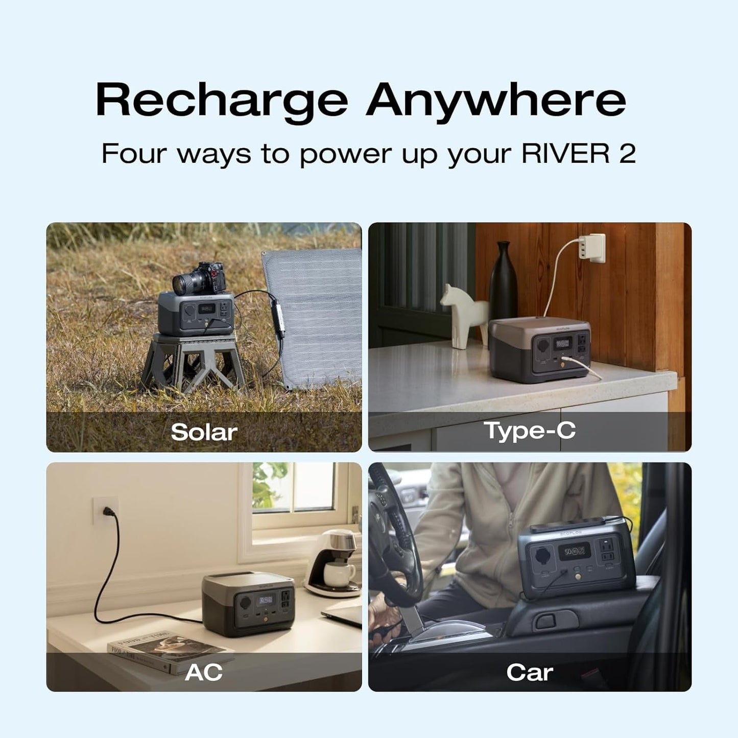RIVER 2 Portable Power Station, 256Wh Lifepo4 Battery, 1-Hour Fast Charge, up to 600W AC Outlets, Solar Generator for Camping/Outdoor/Home Backup, Includes Solar Charging Cable