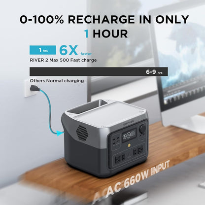 Portable Power Station RIVER 2 Max 500, 499Wh Lifepo4 Battery/ 1 Hour Fast Charging, up to 1000W Output Solar Generator (Solar Panel Optional) for Outdoor Camping/Rvs/Home Use