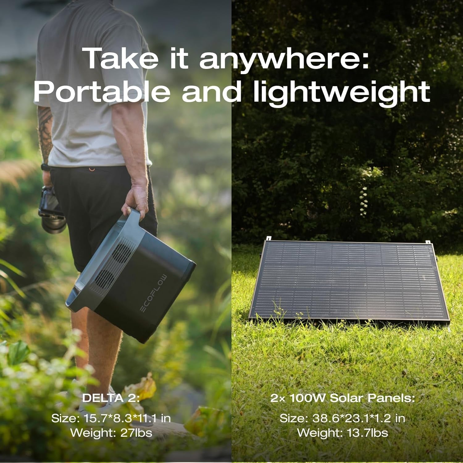 Solar Generators, DELTA 2 Portable Power Station with 2PCS 100W 12V Solar Panels, 1024Wh LFP Battery, Fast Charging, Power Station for Home Backup, Camping&Rvs