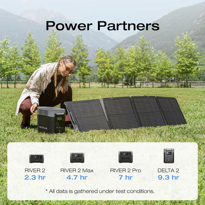 110W Portable Solar Panel, Foldable with Carry Case, High 23% Efficiency, IP68 Water & Dustproof Design for Camping, Rvs, or Backyard Use