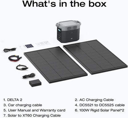 Solar Generators, DELTA 2 Portable Power Station with 2PCS 100W 12V Solar Panels, 1024Wh LFP Battery, Fast Charging, Power Station for Home Backup, Camping&Rvs