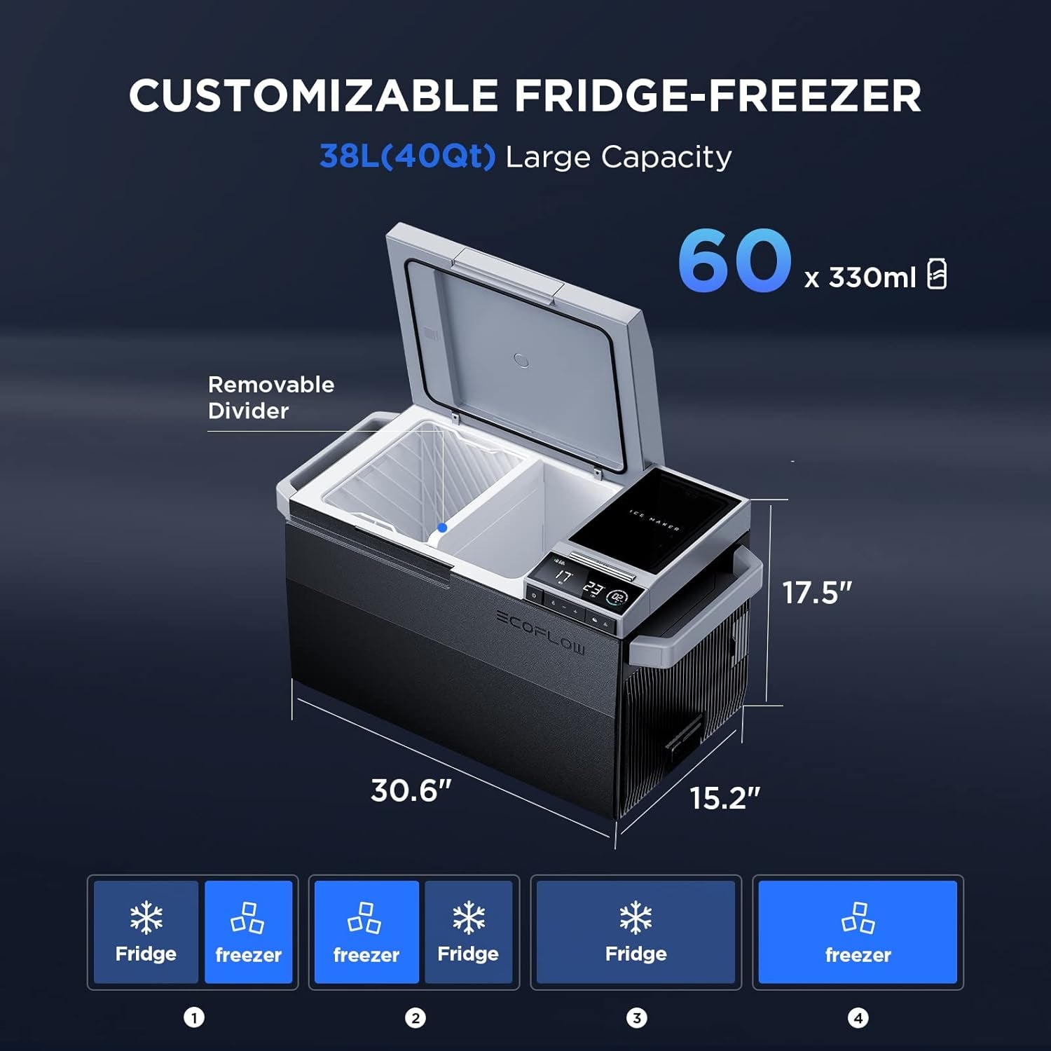 GLACIER Portable Car Refrigerator with Extra Battery, 40Qt(38L) Electric Cooler with Ice Maker, Dual Zone WIFI APP Control(-13℉~50℉), 12/24V DC/AC for Car, Camping, Travel, Fishing, Outdoor