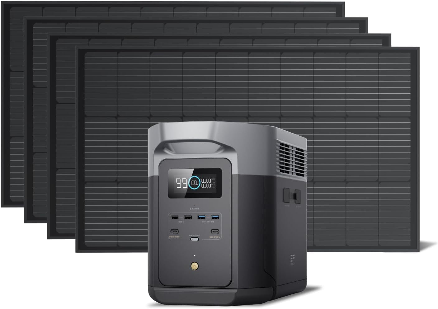 Solar Generator DELTA 2 Max 2048Wh with 4X100W 12V Solar Panels, High Efficiency Monocrystalline PV Modules, 2400W LFP Portable Power Station, AC + Solar Fast Dual Charging for Camping RV