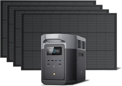 Solar Generator DELTA 2 Max 2048Wh with 4X100W 12V Solar Panels, High Efficiency Monocrystalline PV Modules, 2400W LFP Portable Power Station, AC + Solar Fast Dual Charging for Camping RV