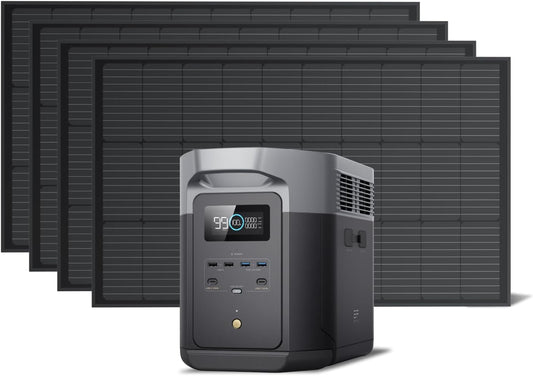 Solar Generator DELTA 2 Max 2048Wh with 4X100W 12V Solar Panels, High Efficiency Monocrystalline PV Modules, 2400W LFP Portable Power Station, AC + Solar Fast Dual Charging for Camping RV